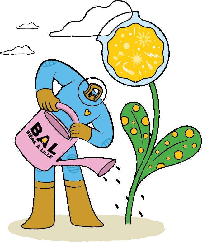 Ilustração da mascote do BAL a regar uma planta de lúpulo