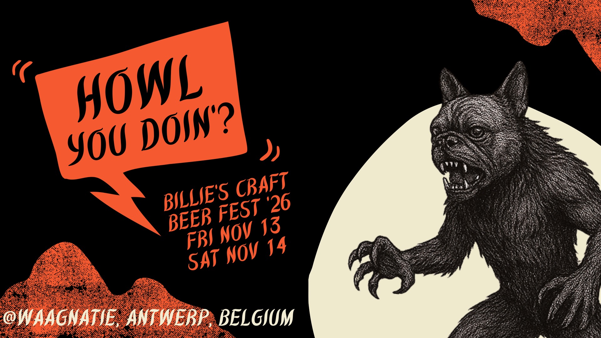 Billie’s Craft Beer Fest 2026 — cartaz oficial Cartaz oficial do Billie's Craft Beer Fest 2026, com um lobisomem e a frase Howl You Doin'