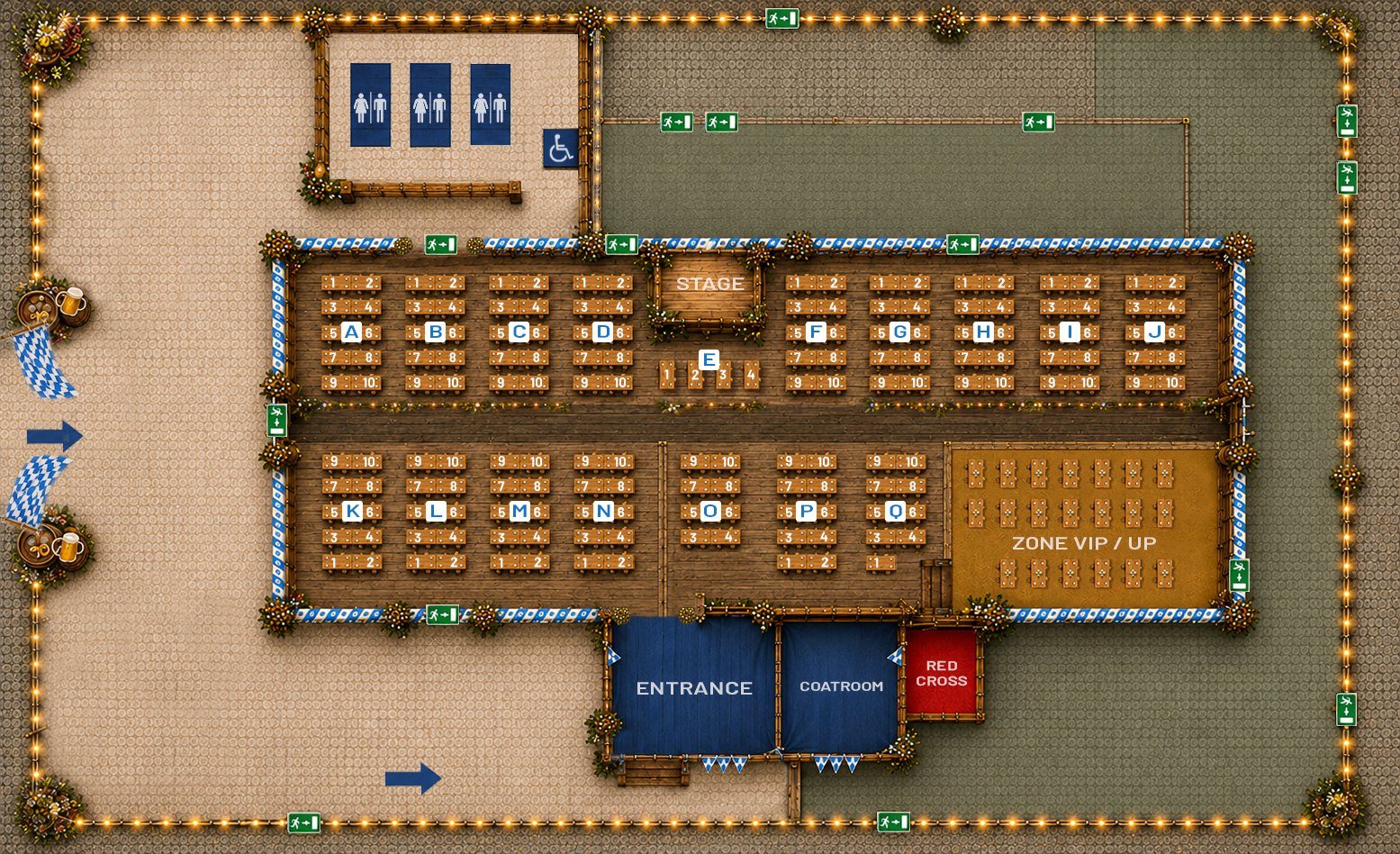 Planta oficial do recinto e da tenda do Oktoberfest Brussels 2026